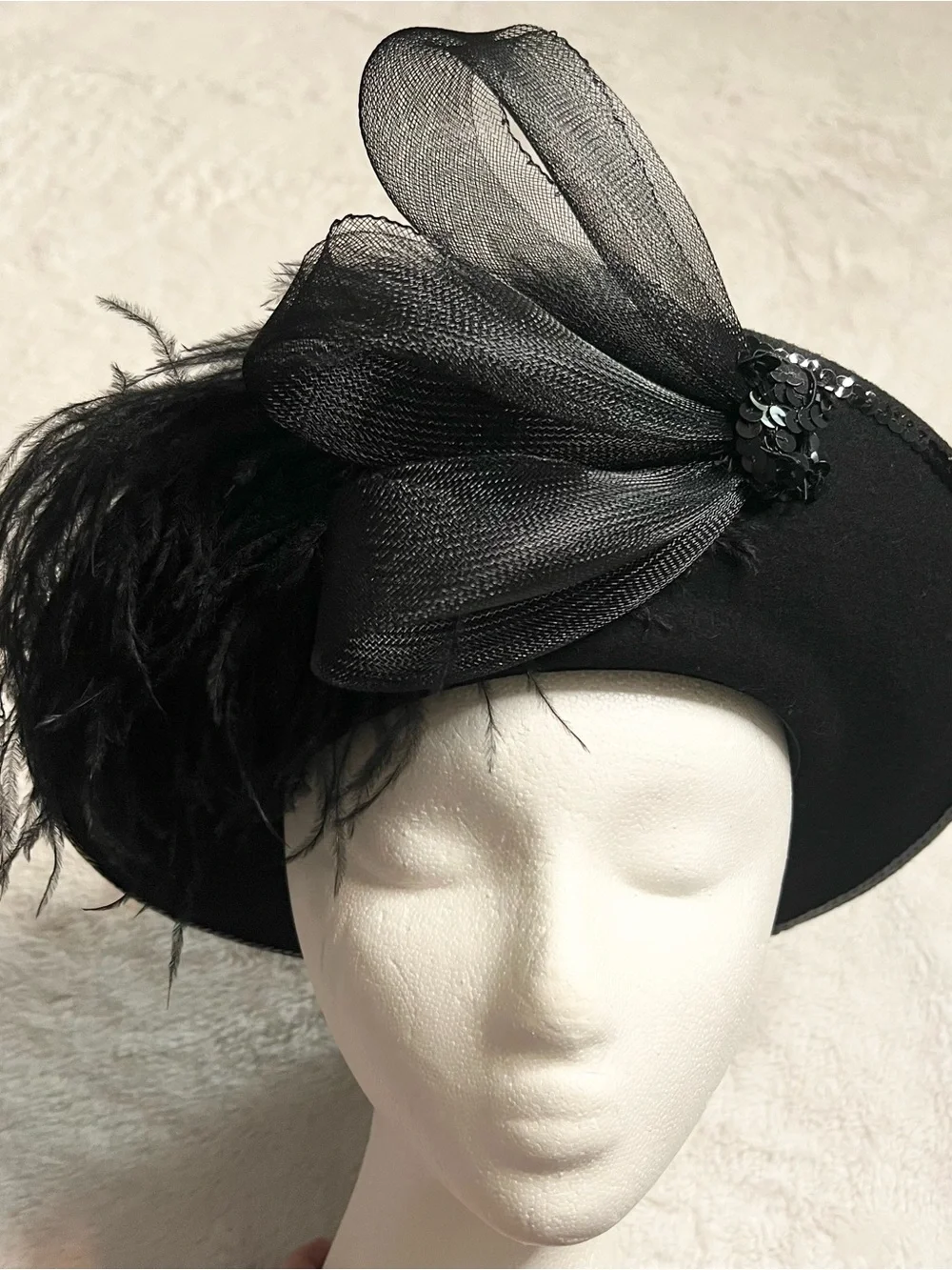 Vintage Black Wool Feathered Organza Fascinator Hat Derby Church Wedding Funeral